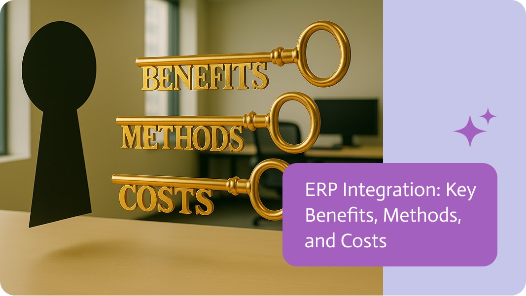 Illustration of a keyhole with three gold keys to represent the benefits, methods and costs of ERP integration.
